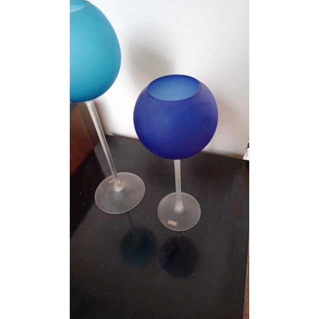 1960s Pair of Carlo Moretti Satinato Murano Glass Blue Goblet Vases For Sale In Baltimore - Image 6 of 7
