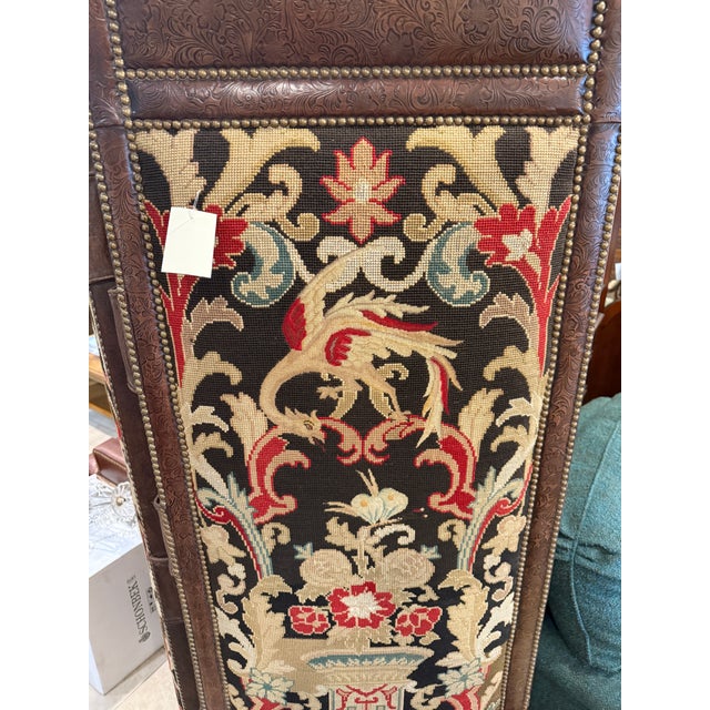 Embossed Leather and Needlepoint 2 Panel Screen For Sale - Image 4 of 14