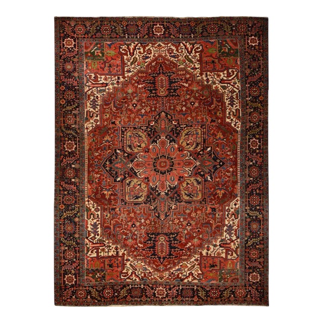 1920 11'x14'7" Red Antique Persian Heriz Even Wear Wool Hand Knotted Oversized Rug For Sale