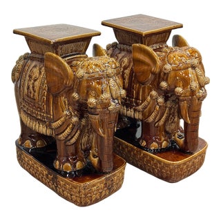 Vintage Brown Ceramic Elephant Garden Stools, a Pair For Sale