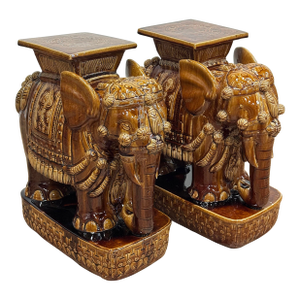 Vintage Ceramic Elephant Garden Stool Pair