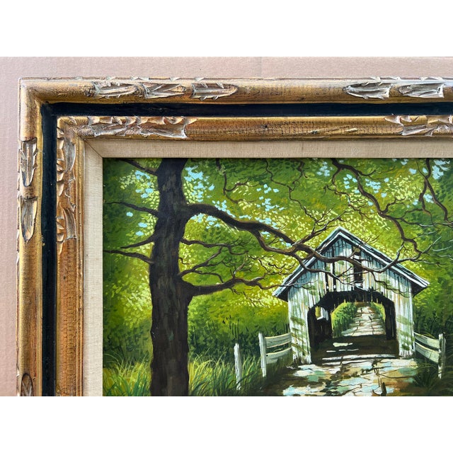 Late 20th Century Landscape Oil Painting, Covered Bridge Forest, Contemporary by Cerbone, Framed Carved Wood Linen Mat For Sale - Image 4 of 10