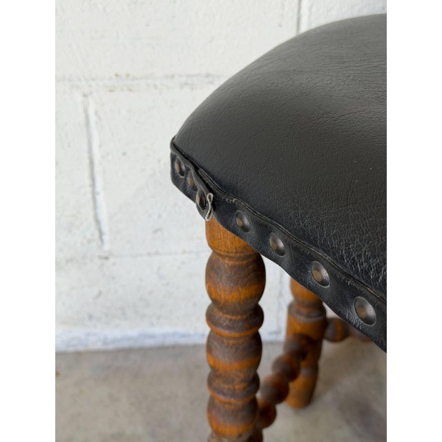 Black Black Leather Oak Ottoman With Nailhead Trim Spindle Legs Vintage Mid-Century Modern 1970s For Sale - Image 8 of 10