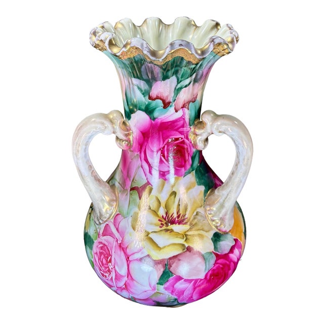 Antique Three Handled Nippon Ruffled Porcelain Vase For Sale