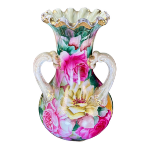 Antique Three Handled Nippon Ruffled Porcelain Vase
