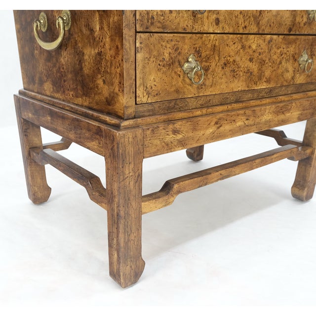 Pair of Burl Asian Campaign Fusion 2 Drawer Night Stands End Table Brass Pulls For Sale - Image 13 of 15