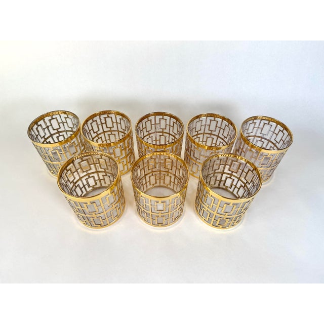 Vintage Imperial Glass Co. “Shoji” Gold Gilt Trellis Pattern Rocks Glasses - Set of 8 For Sale In Atlanta - Image 6 of 7