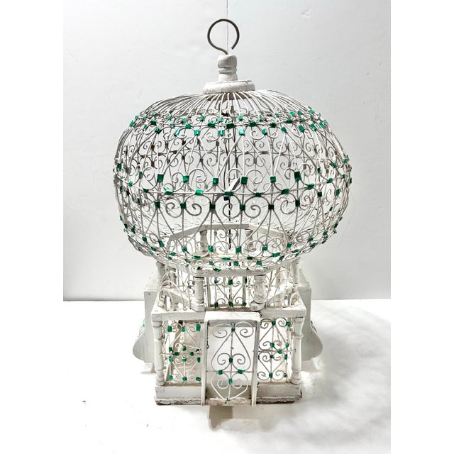 French Country Whitewashed Metal Birdcage Sculpture – Ornate Decorative Cage With Green Jewel Accents, Garden Room Decor For Sale - Image 12 of 12