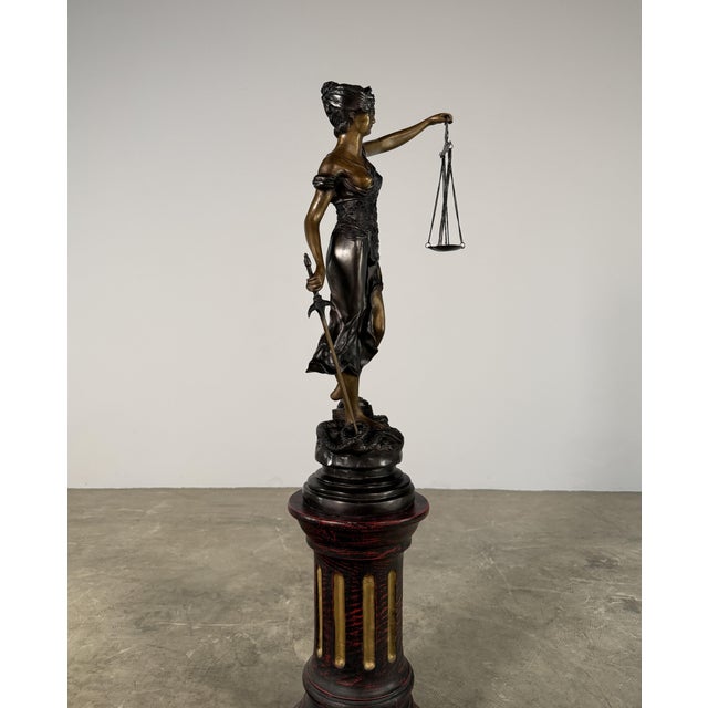 Black Bronze Lady Justice Sculpture – Blindfolded Justitia With Scales & Sword, 29” Tall For Sale - Image 8 of 13