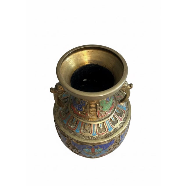 Early 20th Century Vintage Asian Champlevé Enamel Brass Vase With Elephant-Head Handles For Sale - Image 5 of 9