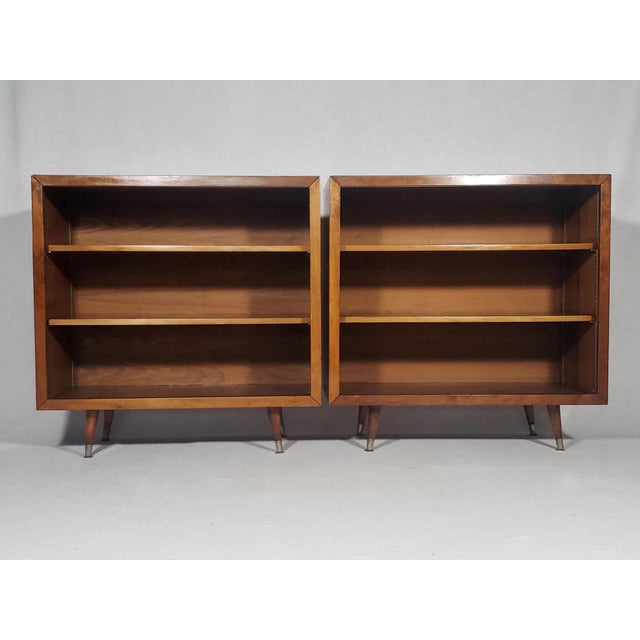 Pair of Vintage Original Mid-Century Modern Walnut Finish All Wood Display Cabinets With Adjustable Shelves and Sliding Wire Glass Doors For Sale - Image 9 of 18
