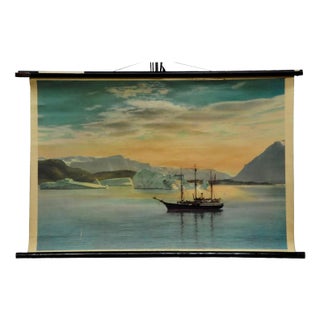 Vintage Landscape Sailing Ship and Coast of Greenland Pull Down Wall Chart For Sale