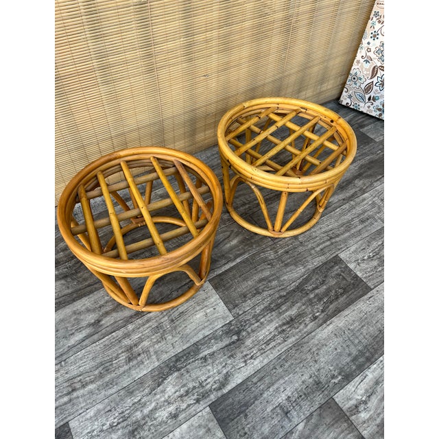 A Pair Bohemian Coastal Style Rattan Footstools/ Ottomans. Circa 1980s For Sale - Image 11 of 12