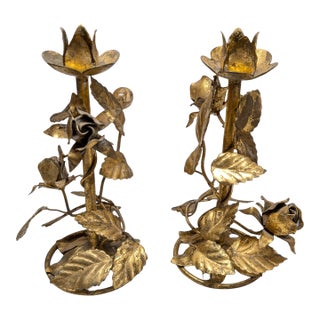 Vintage Mid Century Florentine Hollywood Regency Italian Gilt Toleware Rose Candleholders - A Pair For Sale