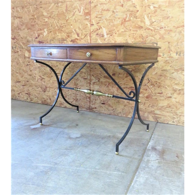 Directoire style writing desk with oak top iron base with brass accents. A gorgeous piece!