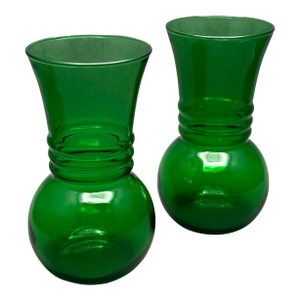 Vintage Pair of MCM Anchor Hocking Forest Green Ribbed Vases