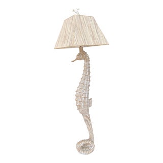 Vintage Late 20th Century Wood Seahorse Floor Lamp With Grasscloth Shade For Sale