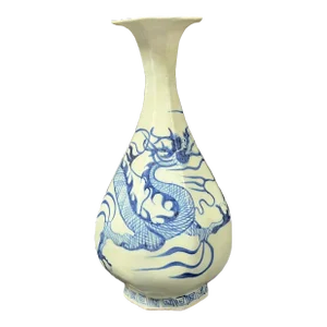 Late 20th Century Chinese Art Blue and White Porcelain Vase With Dragon Design