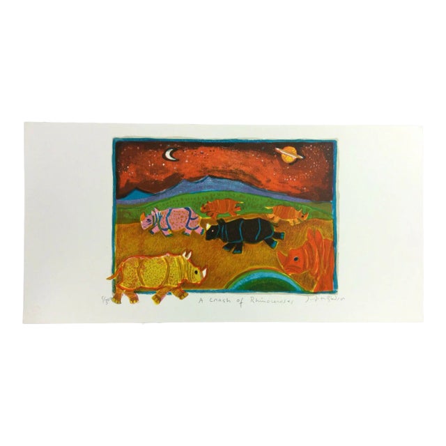 Mid Century Modern Unframed Crash of Rhinoceroses Judith Bledsoe Signed Litho For Sale