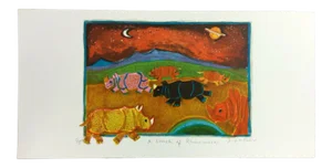 Mid Century Modern Unframed Crash of Rhinoceroses Judith Bledsoe Signed Litho