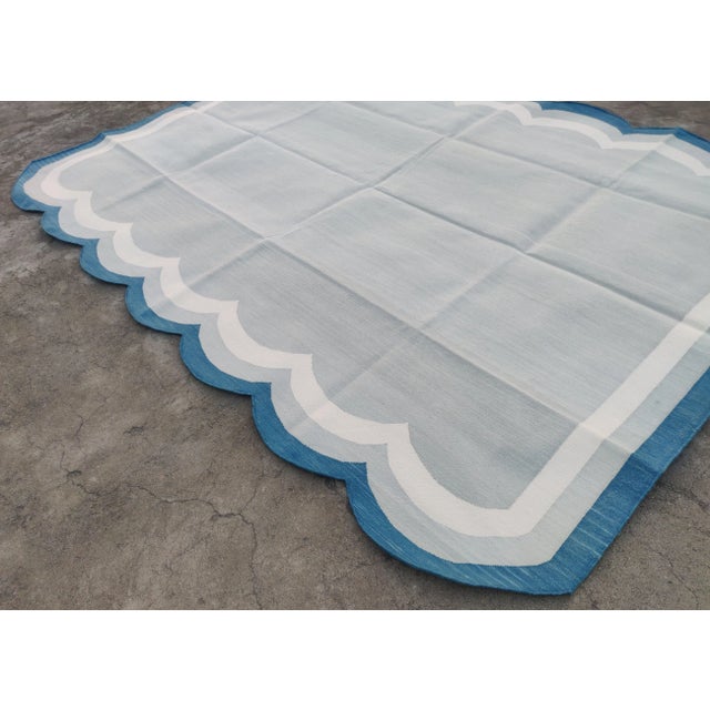 Not Yet Made - Made To Order Handmade Cotton Vegetable Dyed Scalloped Edge Rug in Gray With Cream and Teal Blue Border - 5x7 For Sale - Image 5 of 11