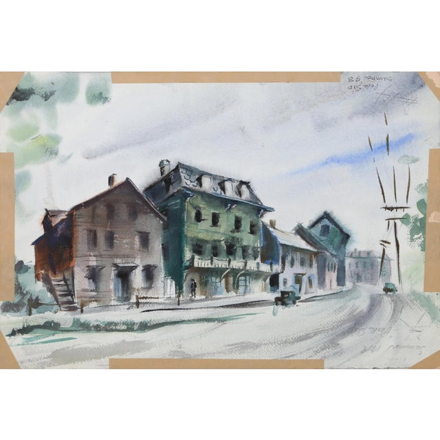 Rendered in bright hues, the image of Peck Slip on one side of this double-sided watercolor by Eve Nethercott features...