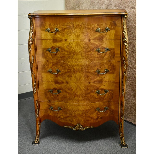 Antique Carved & Inlaid Satinwood Five Drawer French Style Tall Chest