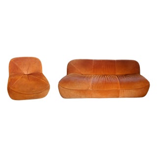 Vintage 3-Seater Sofa and Armchair in Orange Velvet, 1970s, Set of 2 For Sale