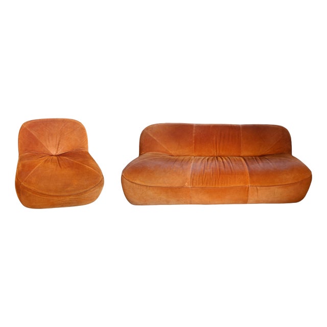 Vintage 3-Seater Sofa and Armchair in Orange Velvet, 1970s, Set of 2 For Sale