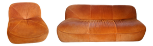 Vintage 3-Seater Sofa and Armchair in Orange Velvet, 1970s, Set of 2