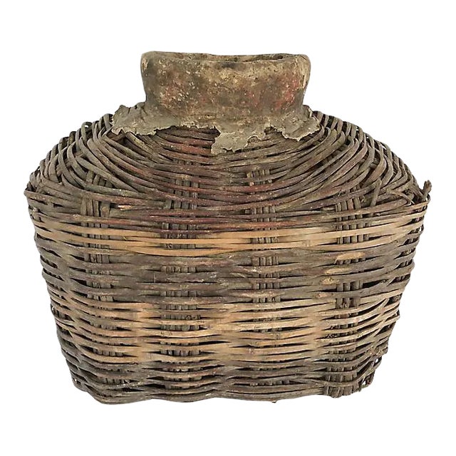 Vintage Rattan Leather Wrapped Wabi Sabi Fish Basket For Sale