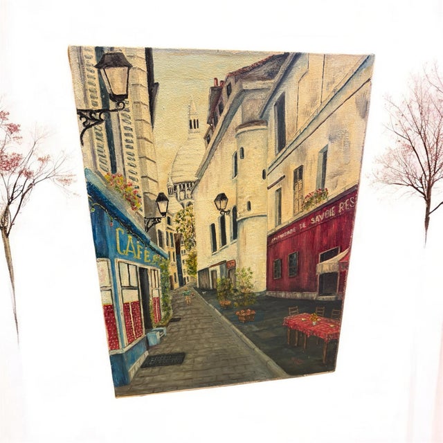 Charming vintage signed and dated 1985 original oil painting on canvas depicting a picturesque Parisian street scene in...