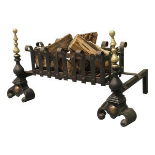 Antique Inglenook Fire Grate on Andirons, 1900 For Sale