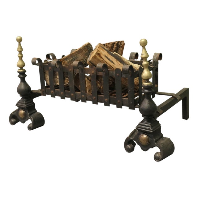 Antique Inglenook Fire Grate on Andirons, 1900 For Sale