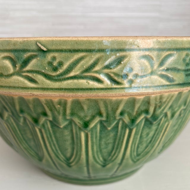 Antique Hull Pottery Gothic Arches Stoneware Mixing Bowl in Green Glaze For Sale - Image 9 of 12