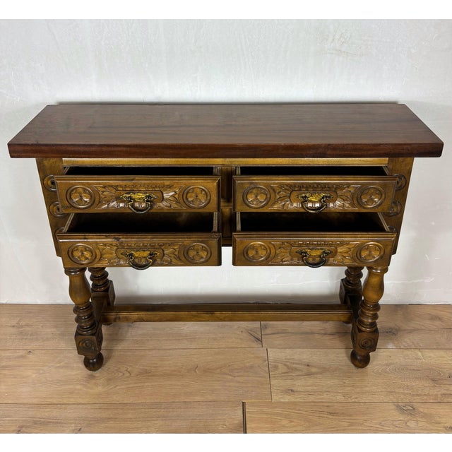 Spanish Renaissance Revival Walnut Console Table with Four Carved Drawers, 1930s For Sale - Image 6 of 11