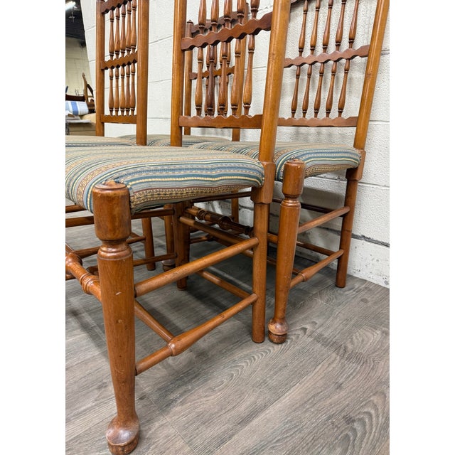 Vintage Colonial Style Spindle Back Upholstered Dining Chairs - Set of 4 For Sale - Image 12 of 13