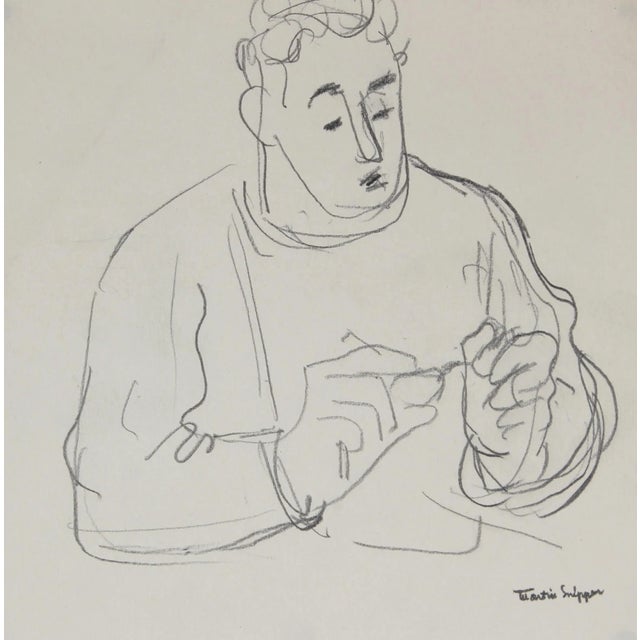 Contemplative Man With Glasses Mid Century Graphite For Sale