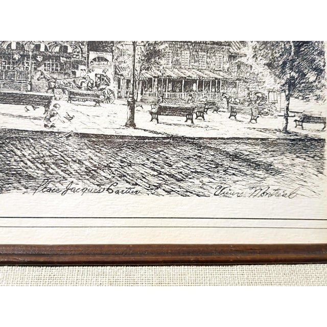 1970s Claude a Simard Black and White Historical Montreal Etching Print Place Jacques Cartier Vieux Miniature Art For Sale - Image 4 of 5