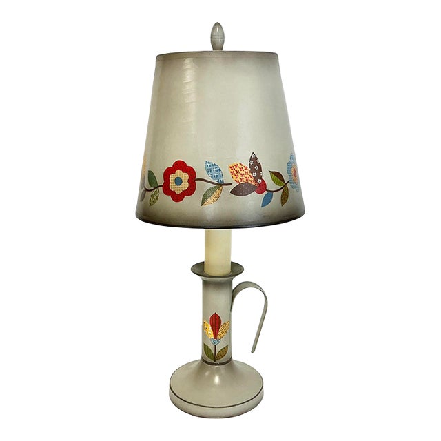1950s Vintage Boho Chic Farmhouse Calico Floral Small Tole Table Lamp. For Sale
