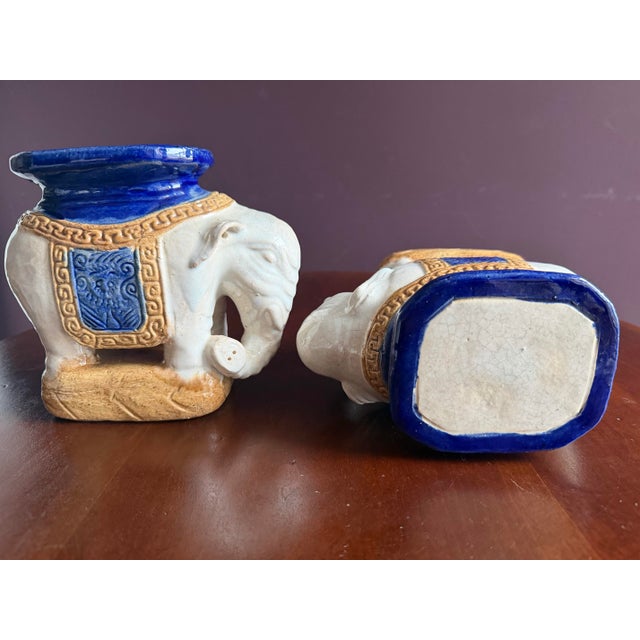 Mid 20th Century Chinese Beautiful Pair of Vintage Porcelain Elephant Stands / Bookends. For Sale - Image 5 of 6