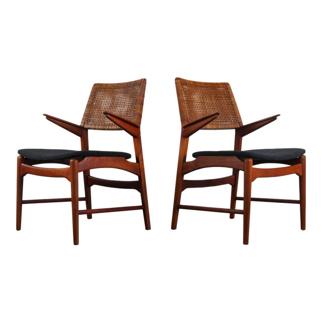 Teak and Cane Vintage Dining Chairs by E Knudsen for Jensen & Lykkegaard - a Pair For Sale