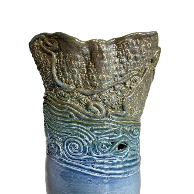 Signed 1970s Blue Hand Build Coil Mid Century Stoneware Vase / 70s Organic Art Vessel /Modernist Ceramic Art Studio Pottery For Sale - Image 4 of 9