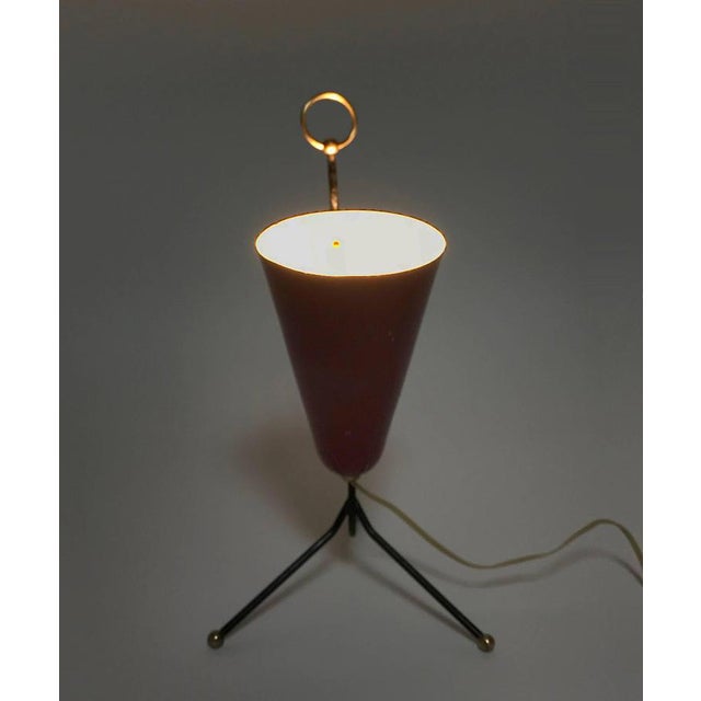 Red Italian Tripod Conical Red Lacquered Metal and Brass Table Lamp, 1950s For Sale - Image 8 of 9