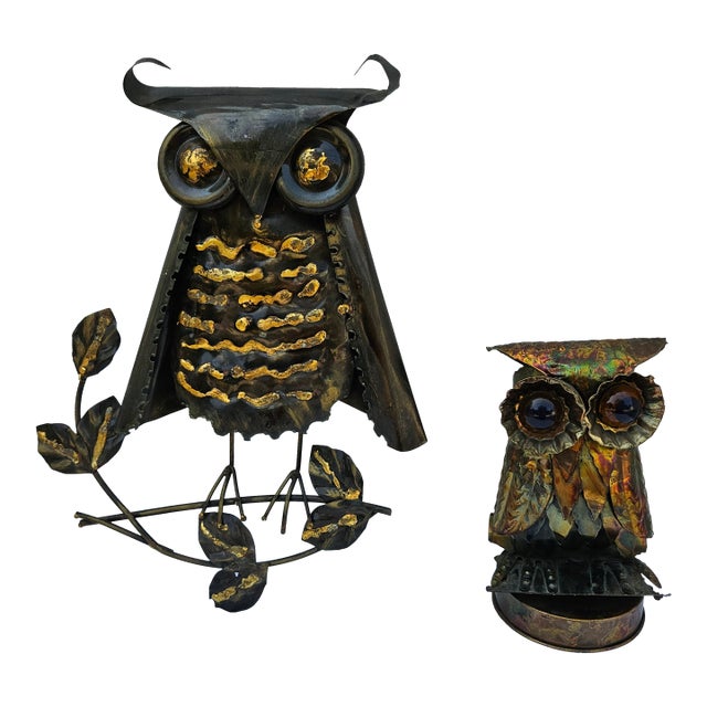 Pair of Brutalist Mid-Century Modern Metal Owls For Sale