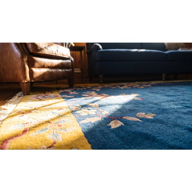 Royal Blue 1920s Royal Blue Floral Antique Chinese Art Deco Rug 8'10" X 11'4" Handknotted Wool Carpet For Sale - Image 8 of 9