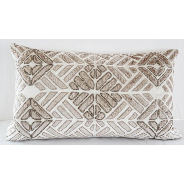 Vintage Taupe and Ivory Cut Velvet Pillow With Metallic Beads For Sale - Image 13 of 13