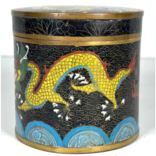 Antique Chinese Cloisonne Tea Caddy: Dragon & Flaming Pearl Design For Sale - Image 6 of 10