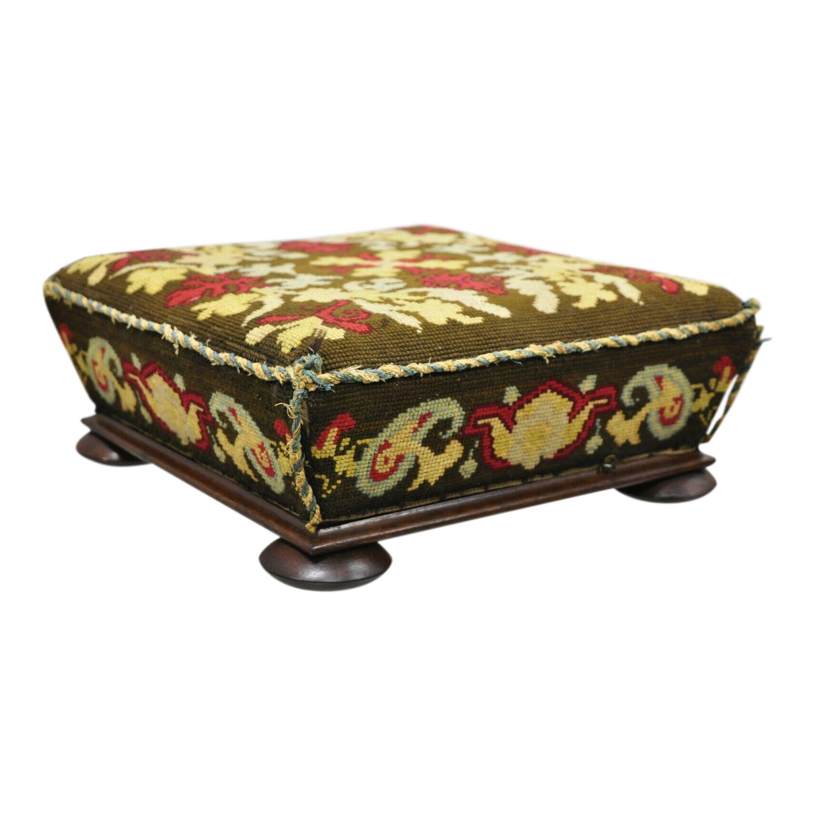 Late 19th Century Antique Mahogany Bun Foot Needlepoint Footstool Chairish