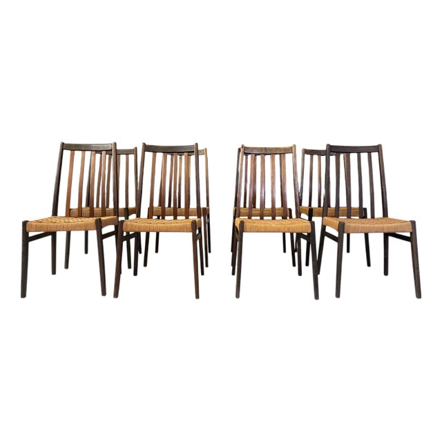 Vintage Teak and Cord Dining Chairs, 1960s, Set of 8 For Sale